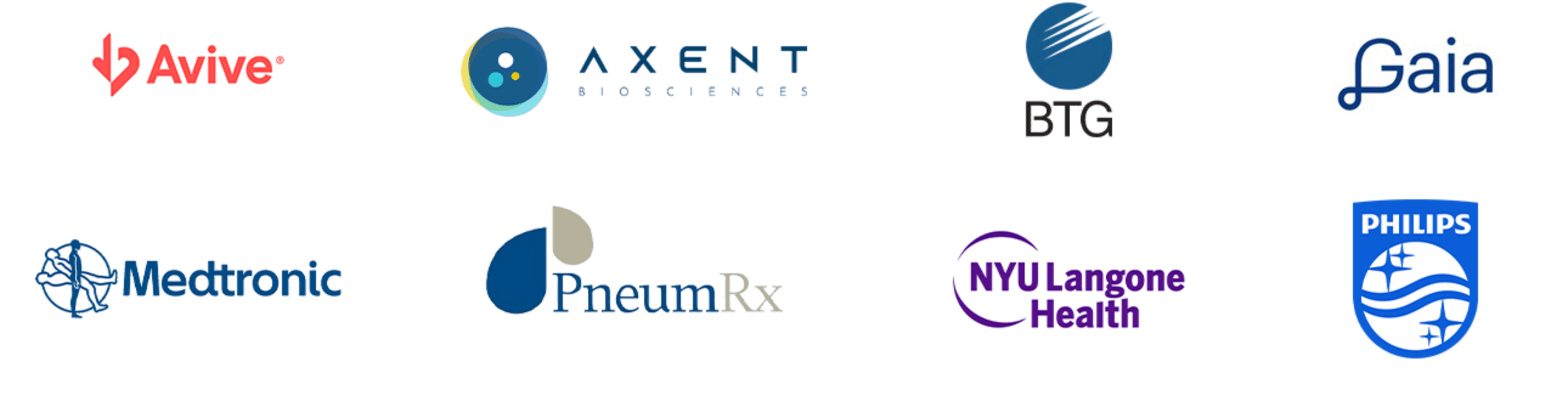 Avive, Axent Biosciences, BTG, Gaia, Medtronic, PneumRx, NYU Langone Health, and Philips