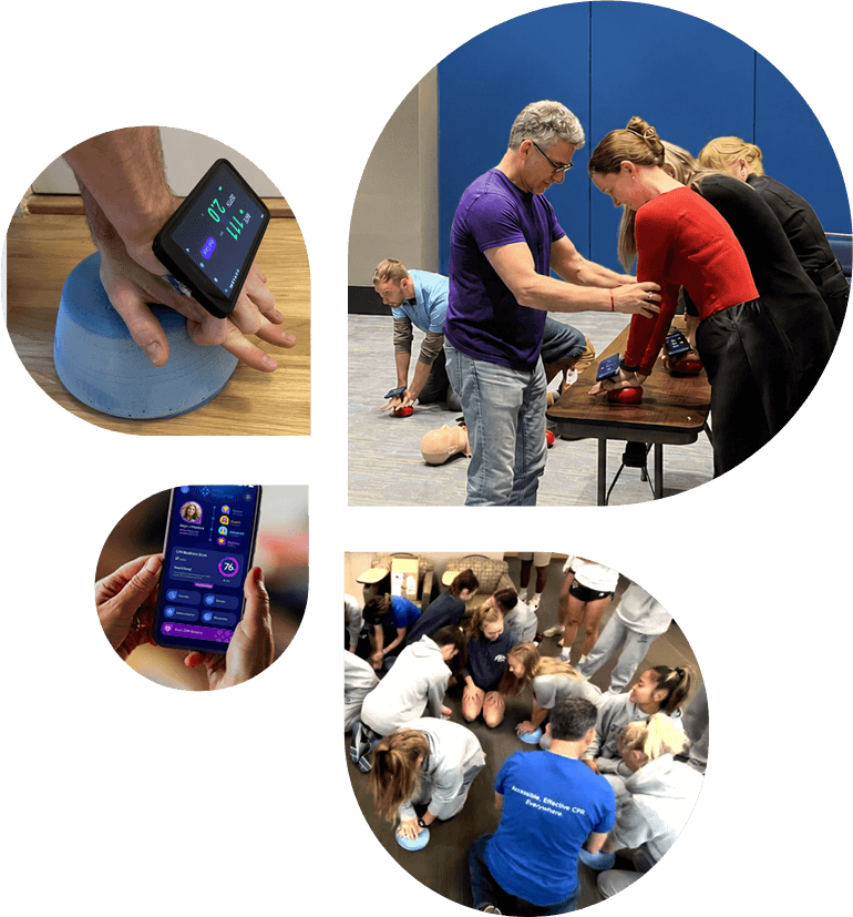 CPR training collage — individuals and groups practicing CPR