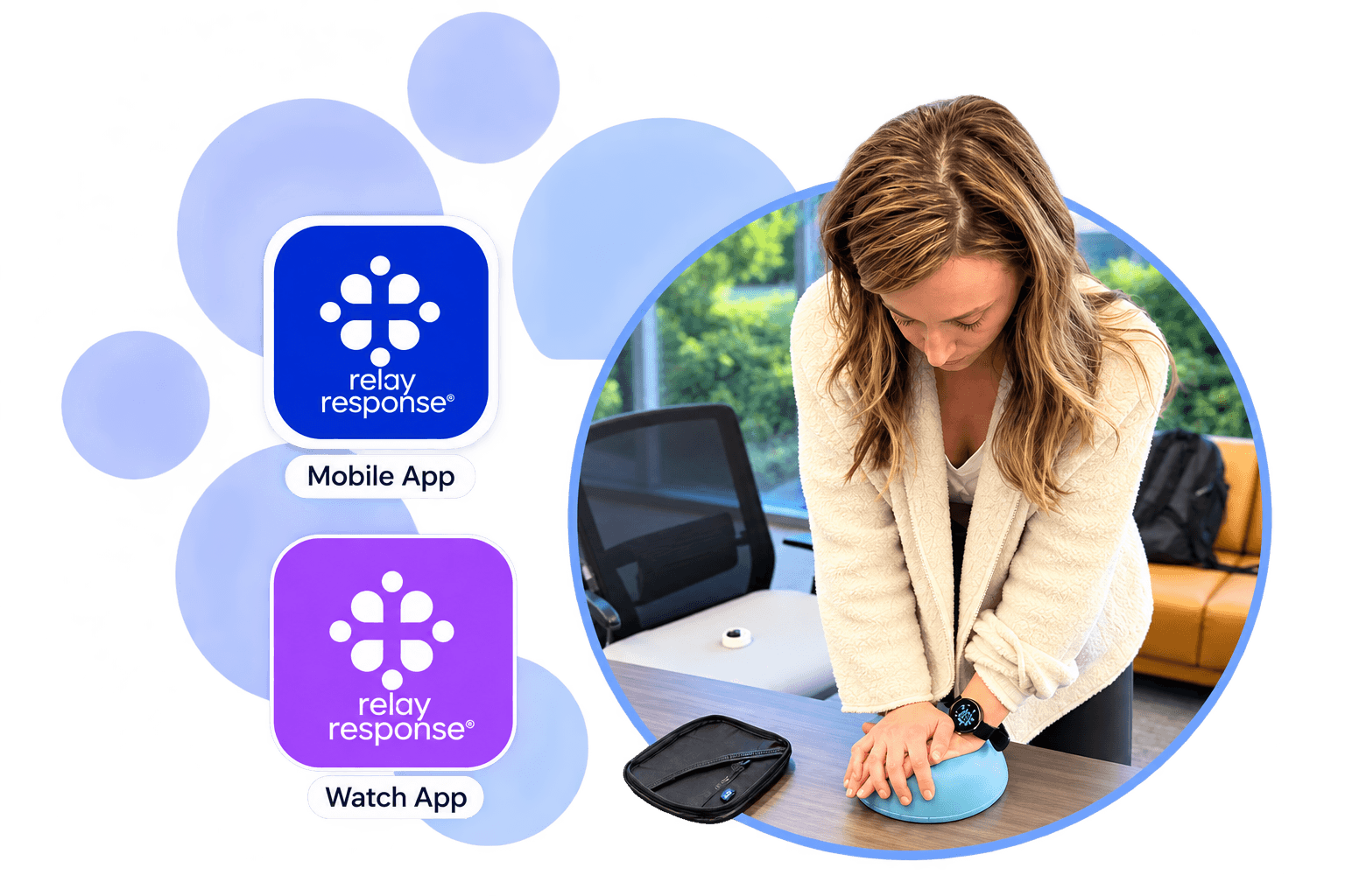A learner practicing CPR compressions with the Relay Response app