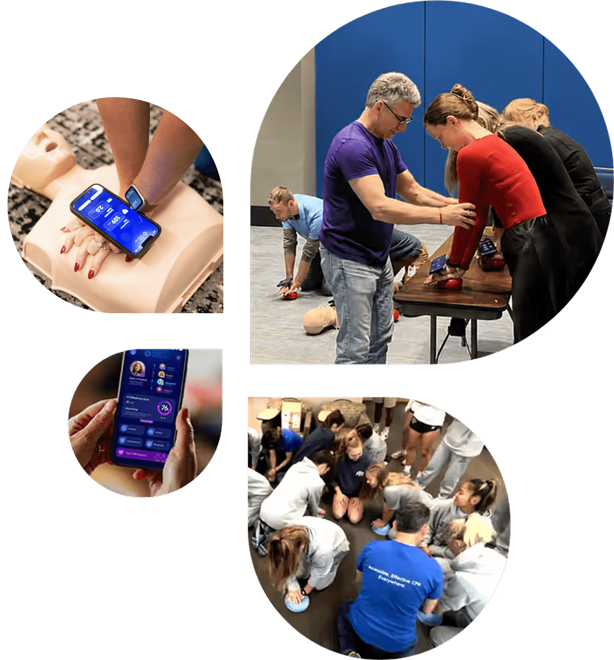 CPR training collage: individuals and groups practicing CPR