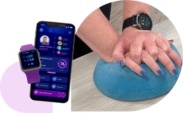 Hands performing CPR compressions alongside the Ready Response app and smartwatch